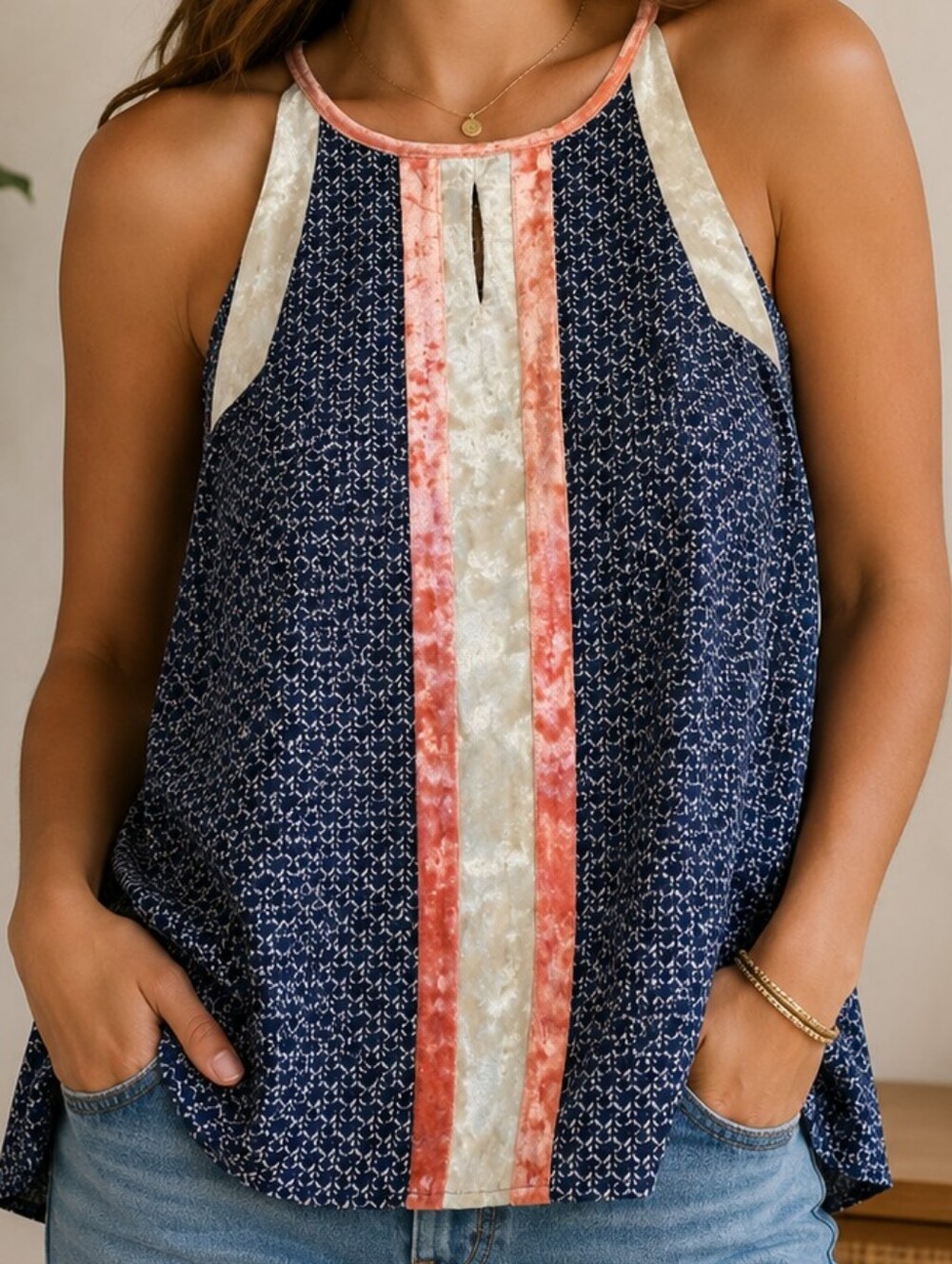 THML Navy Printed Tank with Coral & Cream Velvet Panels